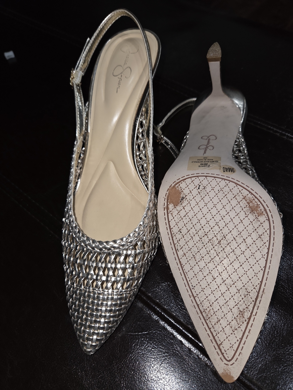 Jessica Simpson Gold Woven Slingback Pointed Toe Heels
